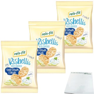 Reis-Fit Risbellis Reis Cracker Sour-Cream & Onion 3er Pack (3x40g Packung) + usy Block