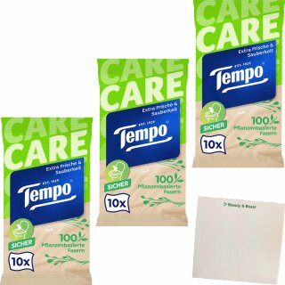 Tempo feuchte Toilettentücher Travel Pack sanft & pflegend 3er Pack (3x10 Tücher) + usy Block