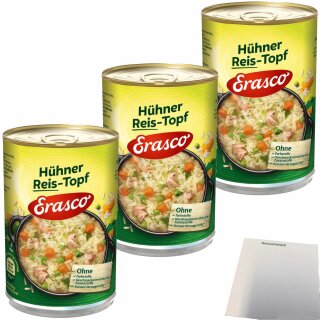 Erasco 1 Portion Hühner Reis-Topf 3er Pack (3x400g Dose) + usy Block