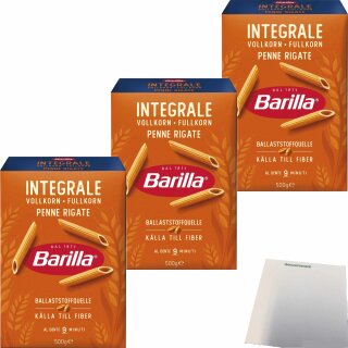 Barilla Integrali Pennette Rigate 3er Pack (3x500g Packung) + usy Block
