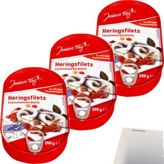 Jeden Tag MSC Herings-Filets Feinschmeckerplatte in würziger Tomatencreme 3er Pack (3x200g Dose) + usy Block