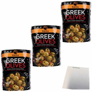 Gaea Greek grüne Oliven Chili ohne Stein 3er pack (3x150g Packung) + usy Block