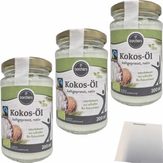 Borchers Kokos-Öl kaltgepresst, nativ 3er Pack (3x200ml Glas) + usy Block