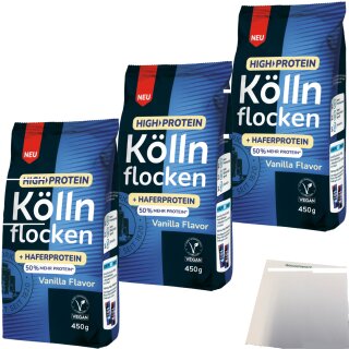 Kölln High Protein Köllnflocken Vanille 3er Pack (3x450g Beutel) + usy Block