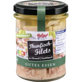 Hofgut Thunfisch Filets in Olivenöl mit Knoblaucharoma (190g Glas)