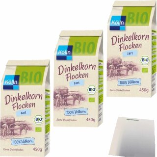 Kölln Dinkel Flocken zart 3er Pack (3x450g Packung) + usy Block