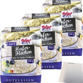 Hofgut Haferflocken zart 3er Pack (3x500g Packung) + usy Block