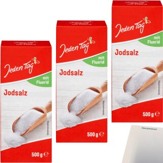 Jeden Tag Jodsalz mit Fluorid 3er Pack (3x500g Packung) + usy Block