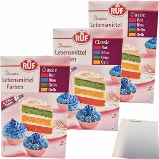 RUF Lebensmittel Farben Classic Rot, Blau, Grün und Gelb 3er Pack (12x 20g Tuben) + usy Block