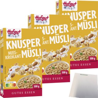 Hofgut Müsli Knusper Nuss Krokant 3er Pack (3x500g Packung) + usy Block