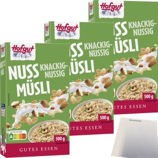 Hofgut Müsli Nuss 3er Pack (3x500g Packung) + usy Block