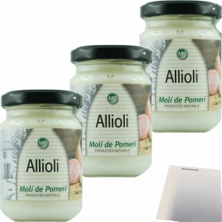 Molí de Pomerí Allioli mit Olivenöl, Aioli-Knoblauchmayonnaise 3er Pack (3x140g Glas) + usy Block