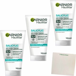 GARNIER Hautklar 3in1 Anti Pickel Tonerde Reinigung, Peeling und Maske 3er Pack (3x150ml Tube) + usy Block