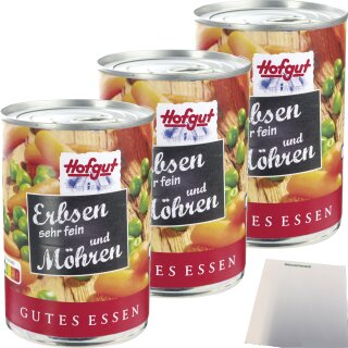 Hofgut Erbsen sehr fein mit Möhren 3er Pack (3x425ml Dose) + usy Block