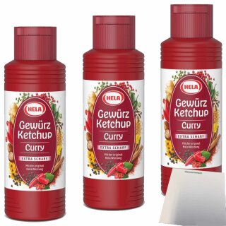 Hela Curry Gewürz Ketchup extra hot 3er Pack (3x300ml Flasche) + usy Block