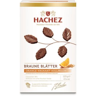 Hachez Braune Blätter mit Orange-Korkant Vollmilch Schokolade (125g Packung)