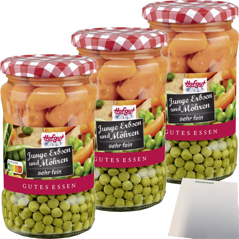 Hofgut Erbsen sehr fein mit Möhren 3er Pack (3x370ml Glas) + usy Bloc