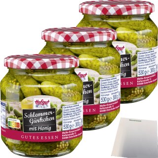 Hofgut Schlemmergürkchen mit Honig 3er Pack (3x580ml Glas) + usy Block