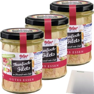 Hofgut Thunfisch Filets in Olivenöl mit Chili 3er Pack (3x190g Glas) + usy Block