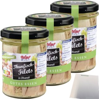 Hofgut Thunfisch Filets in Olivenöl 3er Pack (3x190g Glas) + usy Block