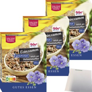 Hofgut Leinsamen geschrotet 3er Pack (3x200g Packung) + usy Block