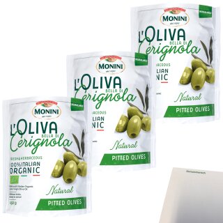Monini Oliven Bella Dcerignola 3er Pack (3x150g Beutel) + usy Block