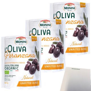 Monini Leccino Oliven 3er Pack (3x150g Beutel) + usy Block