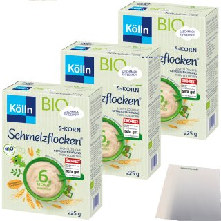Kölln Schmelzflocken 5-Korn 3er Pack (3x225g Packung) + usy Block