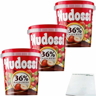 Nudossi Haselnuss Nougat Creme 3er Pack (3x200g Becher) + usy Block