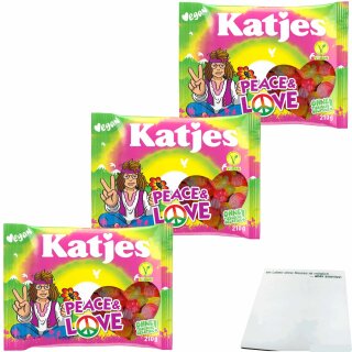 Katjes Peace & Love Vegan Fruchtgummi fruchtig-süßer Mix 3er Pack (3x210g Packung) + usy Block