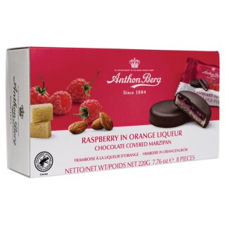 A.Berg Schokolade Himbeere in Orangenlikör (220g Packung)