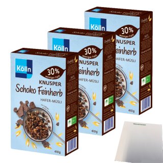 Kölln Müsli Knusper Schoko Feinherb 3er Pack (3x410g Packung) + usy Block