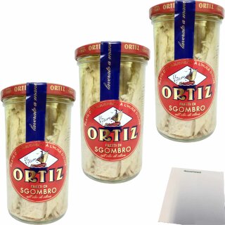 Conservas Ortiz Filetti di Sgombro Makrelenfilets in Olivenöl 3er Pack (3x250g Glas) + usy Block