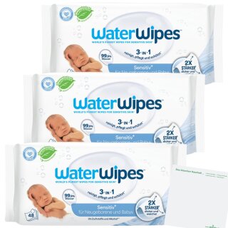 WaterWipes Babyfeuchttücher sensitiv 3er Pack (3x48St Packung) + usy Block