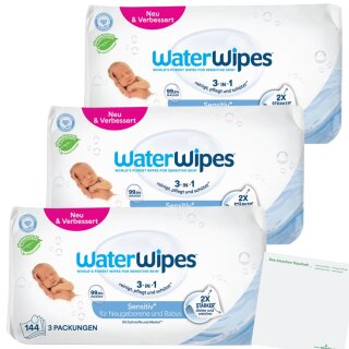 WaterWipes Babyfeuchttücher sensitiv 3er Pack (3x144St Packung) + usy Block