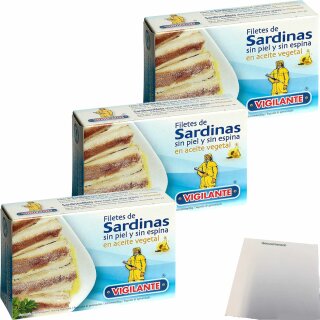 Vigilante Sardinenfilets in Olivenöl ohne Haut/Gräten 3er Pack (3x120g Dose) + usy Block