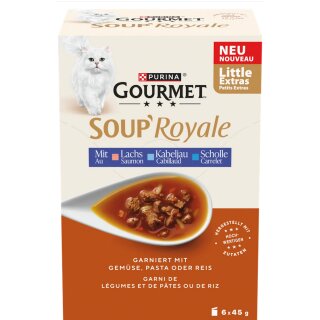 Purina Gourmet Soup Royale Katzensuppe mit Lachs, Kabeljau, oder Scholle (6x45g Packung)