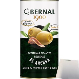 Bernal Aceitunas Gigantes Relennas, Oliven gefüllt mit Sardellen (350g Dose) + usy Block