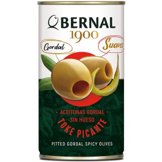 Bernal Aceitunas Gordal Sin hueso Toke Picante, Dicke Oliven Scharf (350g Dose)