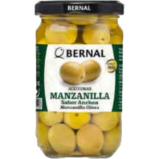 Bernal Aceitunas Manzanilla Sabor Anchoa, Grüne Oliven Sardellengeschmack mit Kern (350g Glas)