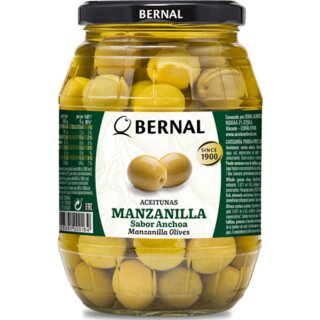 Bernal Aceitunas Manzanilla Sabor Anchoa, Grüne Oliven Sardellengeschmack mit Kern (950g Glas)