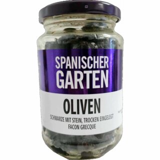 Spanischer Garten Schwarze Oliven mit Stein, trocken eingelegt Facon Grecque (230g Glas)