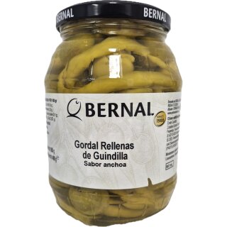 Bernal Gordal Rellenas de Guindilla Sabor anchoa, Dicke Oliven mit Pepperoni (950g Glas)