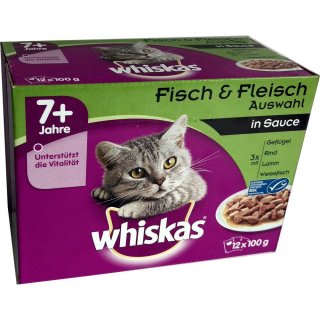 Whiskas 7 + Jahre Fisch & Fleisch Auswahl in Sauce Portionsbeutel, 12x100g