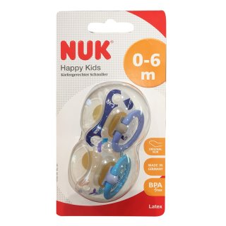 Nuk Beruhigungssauger Happy Kids Kiefergerechter Schnuller  Gr. 1, 0-6 m, BPA free, Latex, made in Germany, blau & grün (2Stk Packung)
