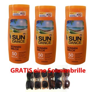 Sundance Sonnenmilch LSF 50 Hoch, 3er Pack (3 x 200ml) und GRATIS eine usy Sonnenbrille UV400 (1 Stk, keine Farbwahl)