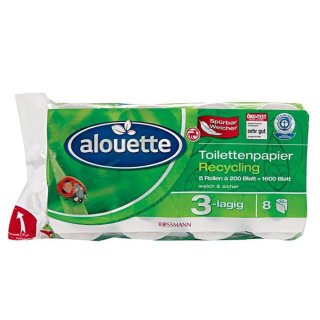 alouette Recycling Toilettenpapier natürlich weich & sicher 3-lagig (8x200 Blatt)