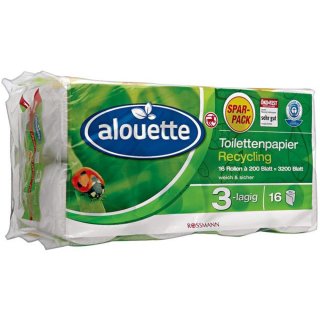 alouette  Recycling Toilettenpapier, 16 Rollen a 200 Blatt, 3200 Blatt (1er Pack)