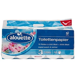 alouette Toilettenpapier 2000 Blatt, 10 Rollen a 200 Blatt (1er Pack)