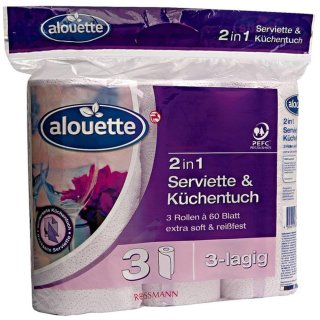 alouette 2in1 Serviette & Küchentuch 180 Blatt, 3 Rollen á 60 Blatt, 1er Pack